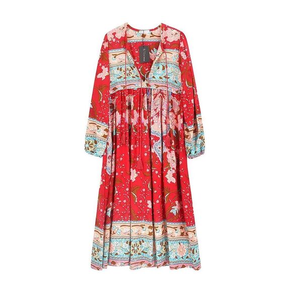Amazon Dresses & Skirts - R. Vivimos 2XL Boho Midi Dress Red Long Sleeve Tassel Keyhole NWT